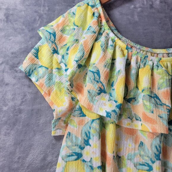 Casio Womens XL Lemon Print Off Shoulder Ruffle Blouse Summer Resort‎ Vacation - Picture 3 of 10